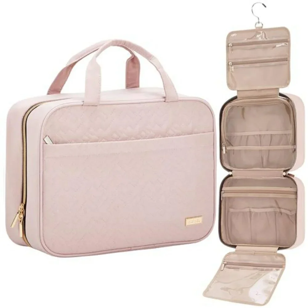 NISHEL Hanging Toiletry Bag Pink Travel Organizer for Full Size Bottles Makeup